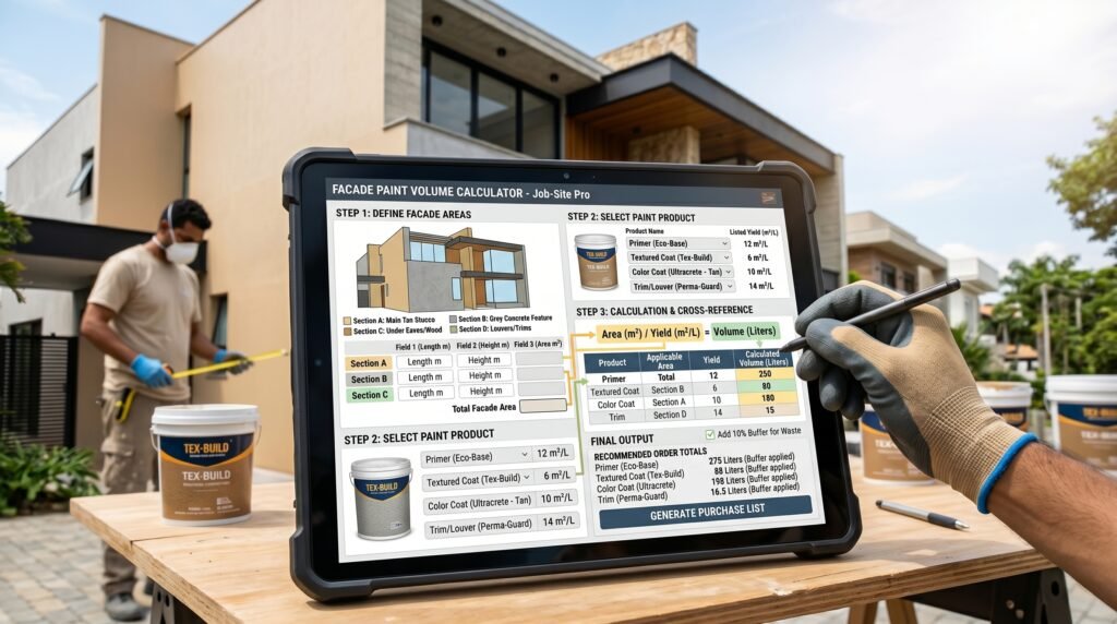 É uma ferramenta que pode ser digital ou manual — que cruza as medidas da sua fachada com o rendimento declarado do produto escolhido para chegar ao volume de tinta necessário. 